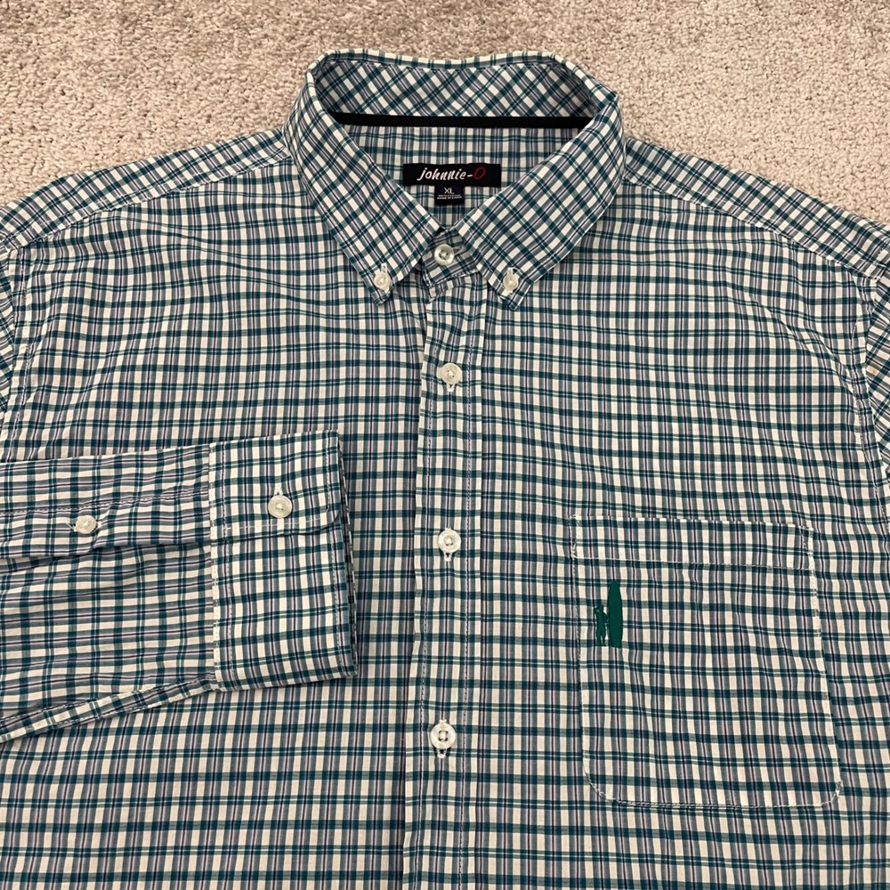 Johnnie-O Shirt Mens XL Plaid Teal White Button-Down Long Sleeve Cotton Plaid